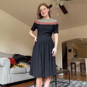 1940s Black Crepe Dress with Beading and Embroidery