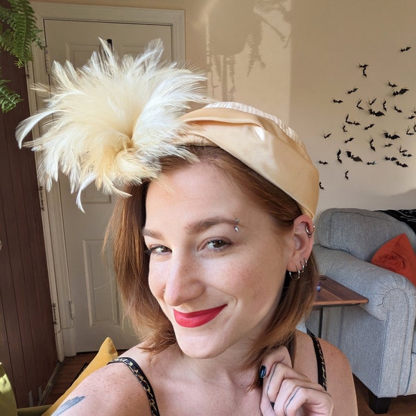 50s Cream Satin Quilted Cap with Feathers