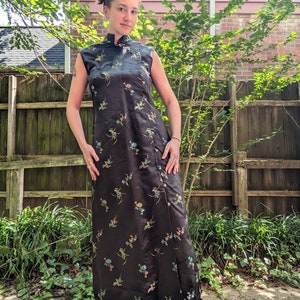 90s Handmade Black Silk Jacquard Qipao/Cheongsam