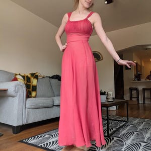 1930s Sheer Pink Bias Cut Dress with Gathered Bodice