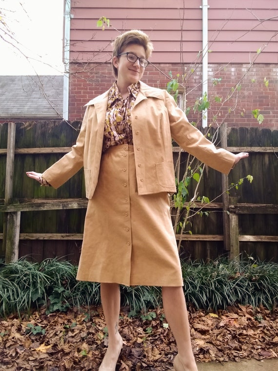 70s Camel UltraSuede Skirt Suit - image 2