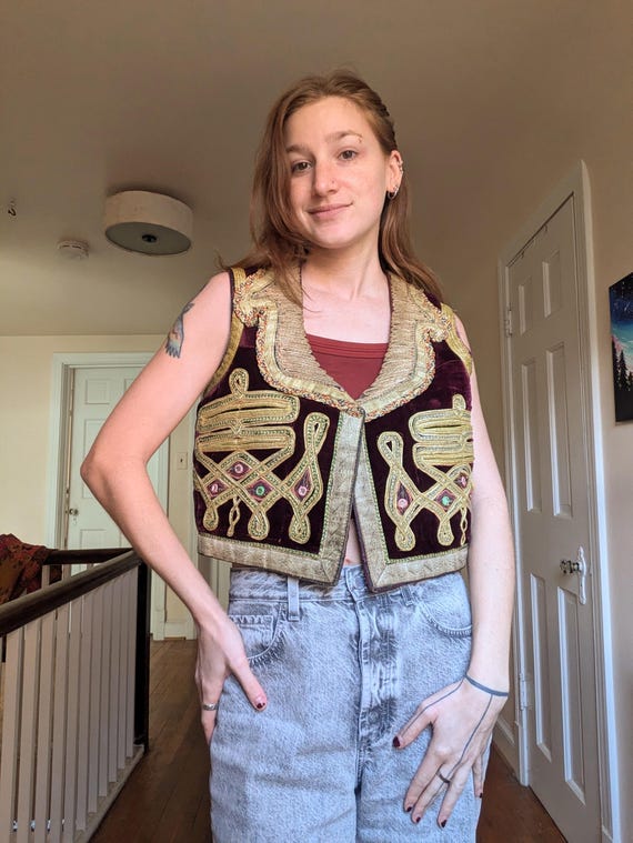 60s Jimi Hendrix Maroon Velvet Vest With Gold Metal Trim and Braid