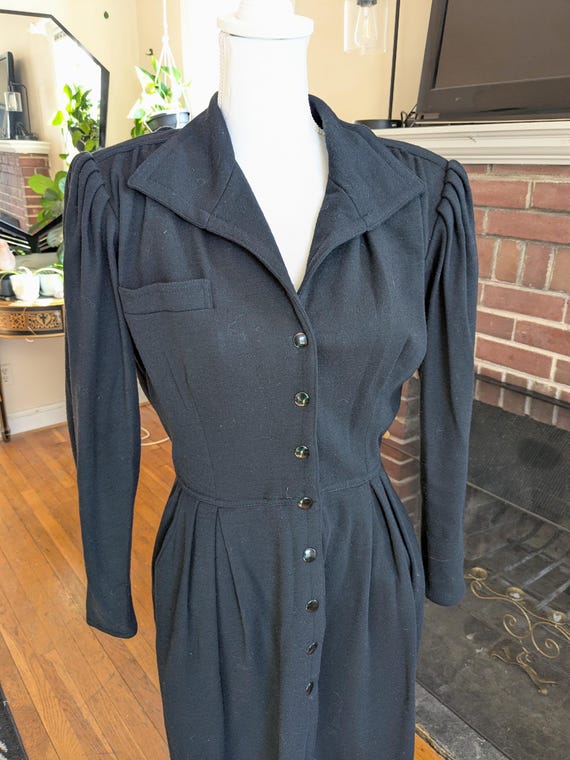 1980s Emanuel Ungaro Black Wool Shirt Dress View 4