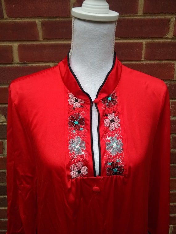 70s Embroidered Red Satin Dressing Gown