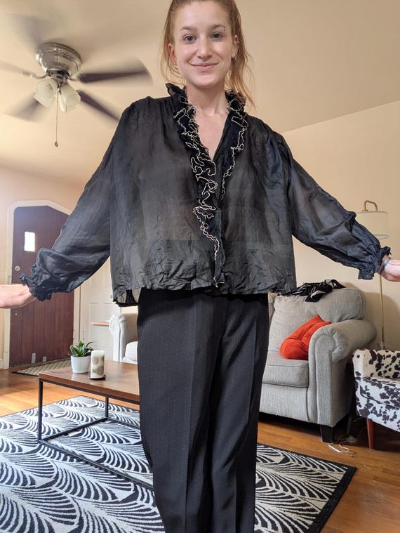 Victorian Black Silk Wrapper with Black Net Ruffle - image 6