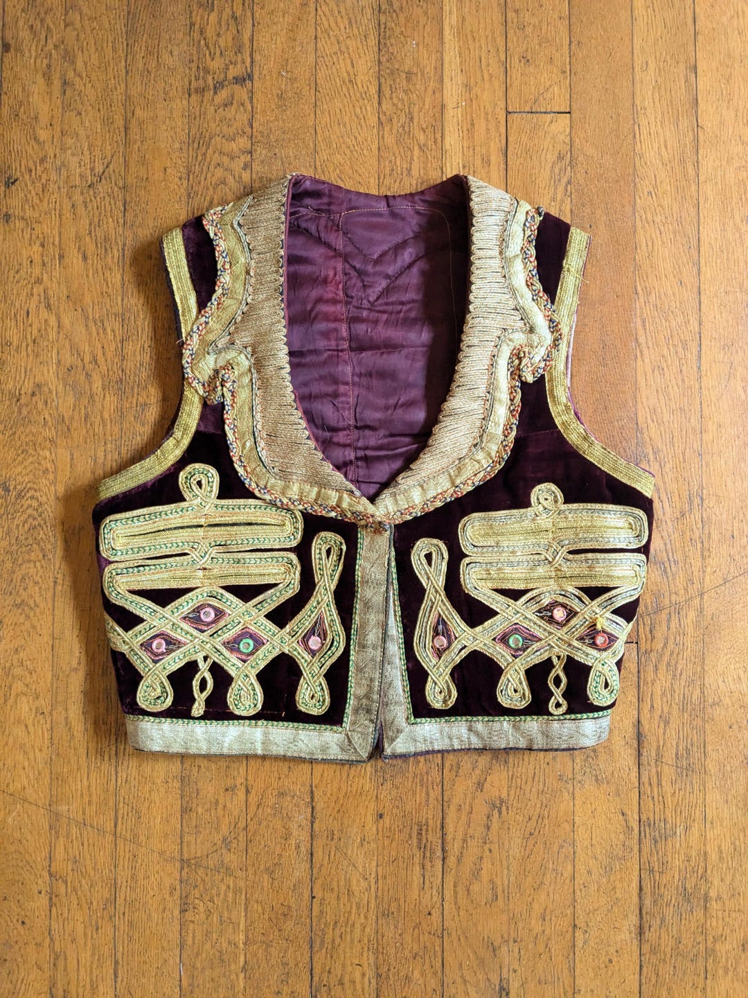 60s Jimi Hendrix Maroon Velvet Vest With Gold Metal Trim and Braid