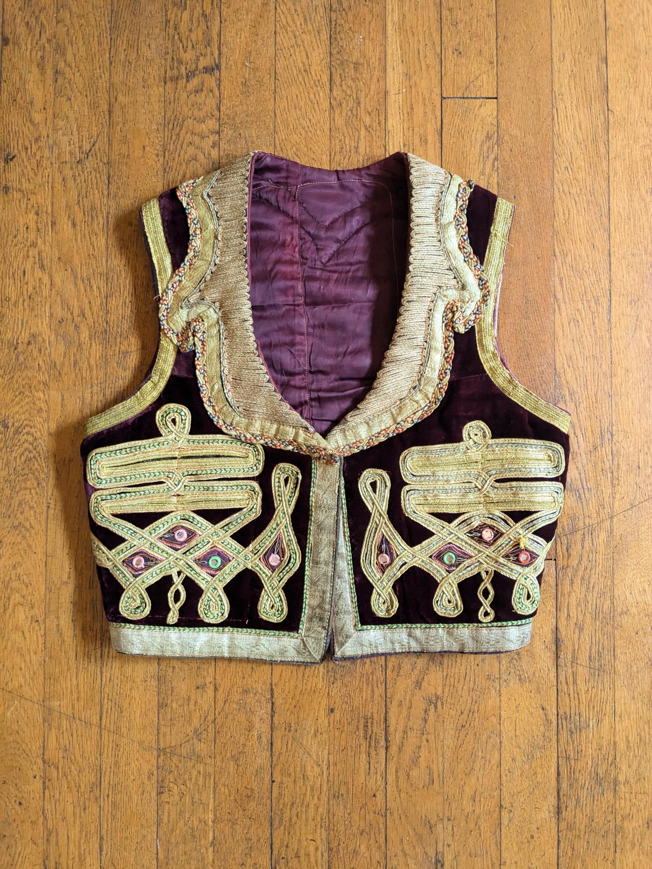 60s Jimi Hendrix Maroon Velvet Vest With Gold Metal Trim and