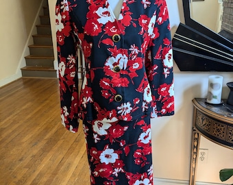 1980s Givenchy Couture Black and Red Floral Skirt Suit