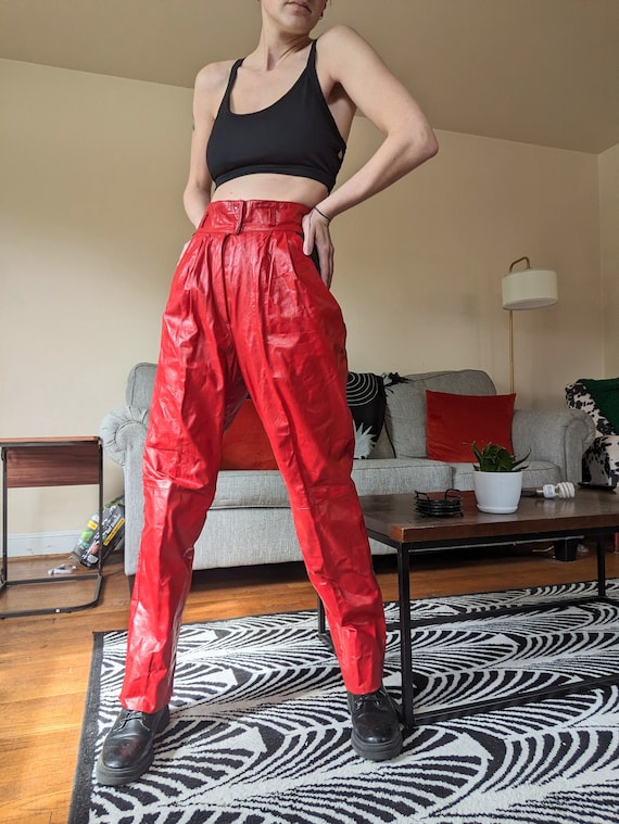 1980s Red and Black Pleated High Waisted Leather P