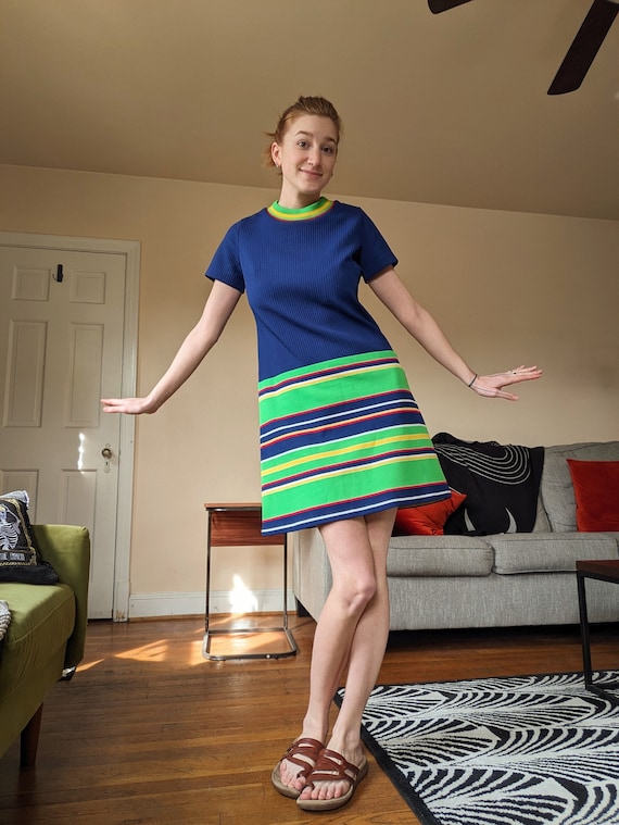 60s Knit Striped Mod Mini Dress - image 1