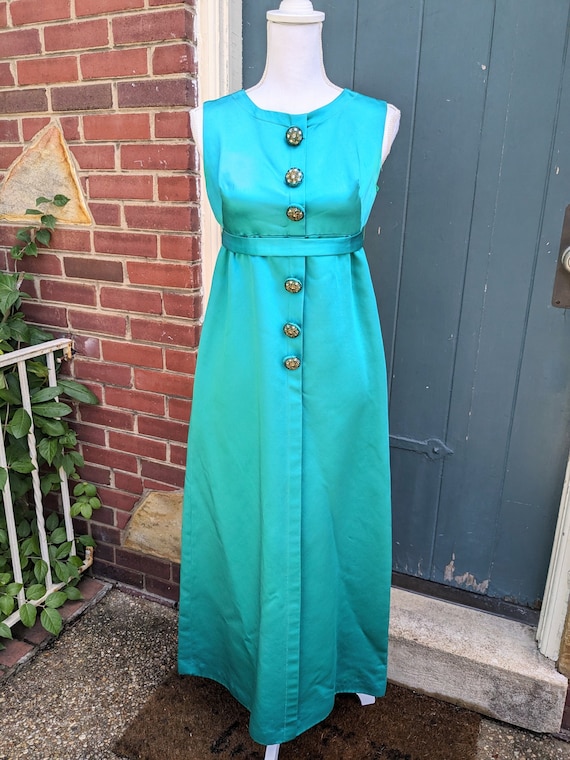 60s Teal Satin Sleeveless Gown