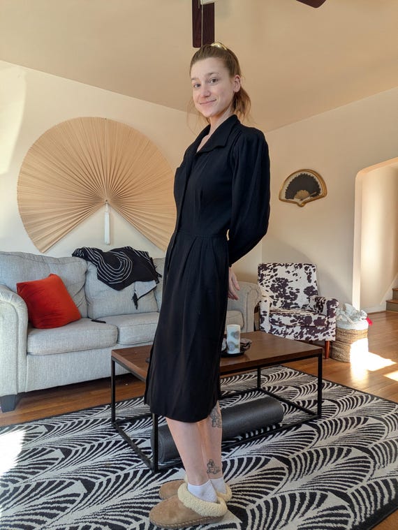 1980s Emanuel Ungaro Black Wool Shirt Dress View 6