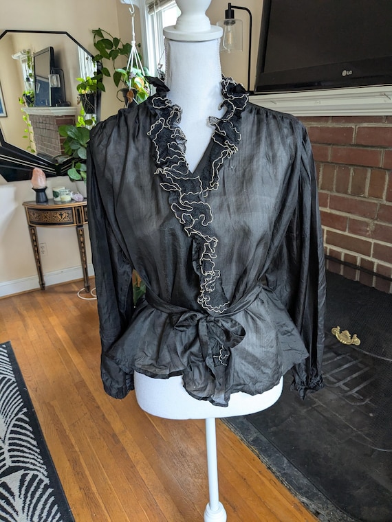 Victorian Black Silk Wrapper with Black Net Ruffle - image 1