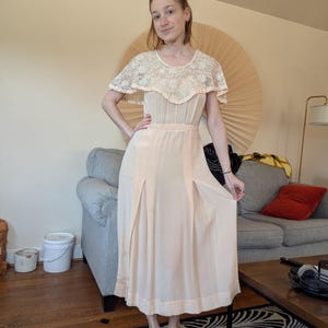 1920s Baby Pink Silk Dress With Net Lace Capelet