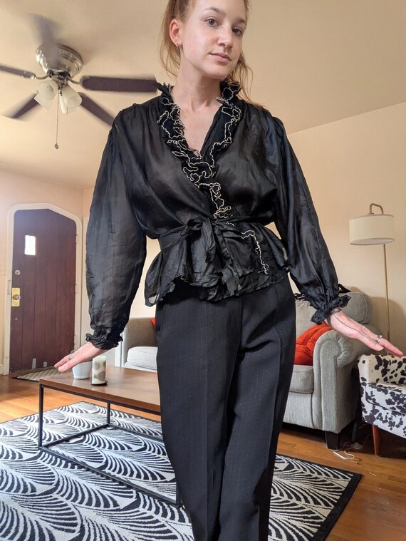 Victorian Black Silk Wrapper with Black Net Ruffle - image 4