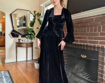 Antique Vintage 1920s 1930s Black Silk Velvet Dress W/ Ruched Lace ...
