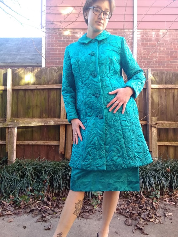 1960s Cerulean Silk Jacquard Dress and Quilted Ove