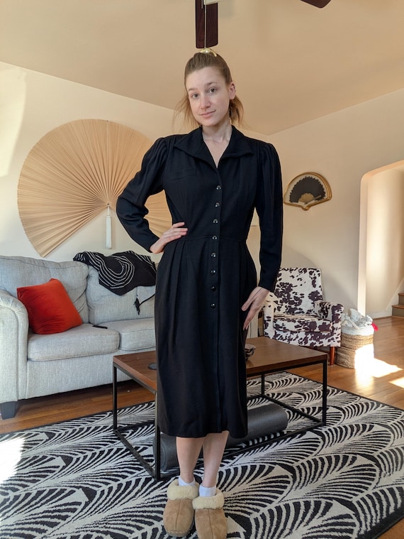 1980s Emanuel Ungaro Black Wool Shirt Dress View 5