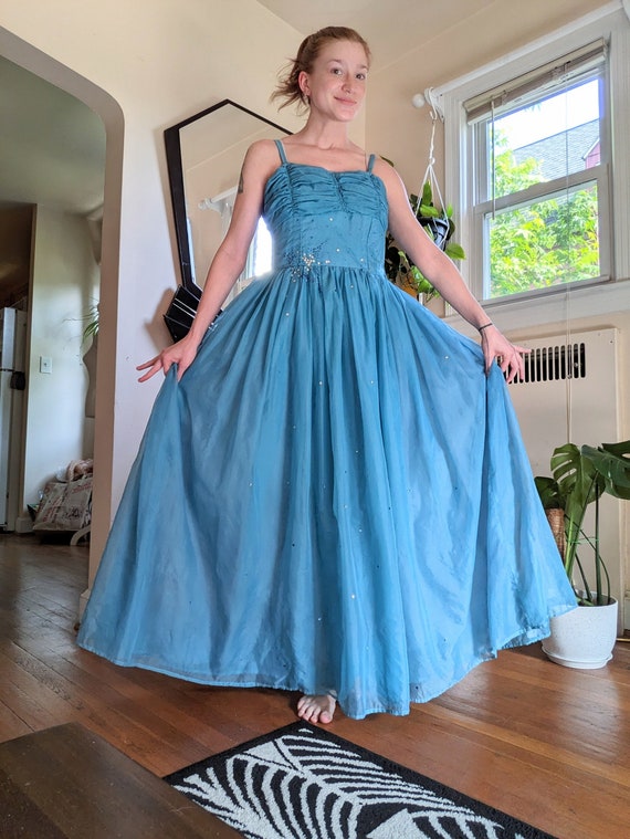 1950s Blue Sequined Ball Gown