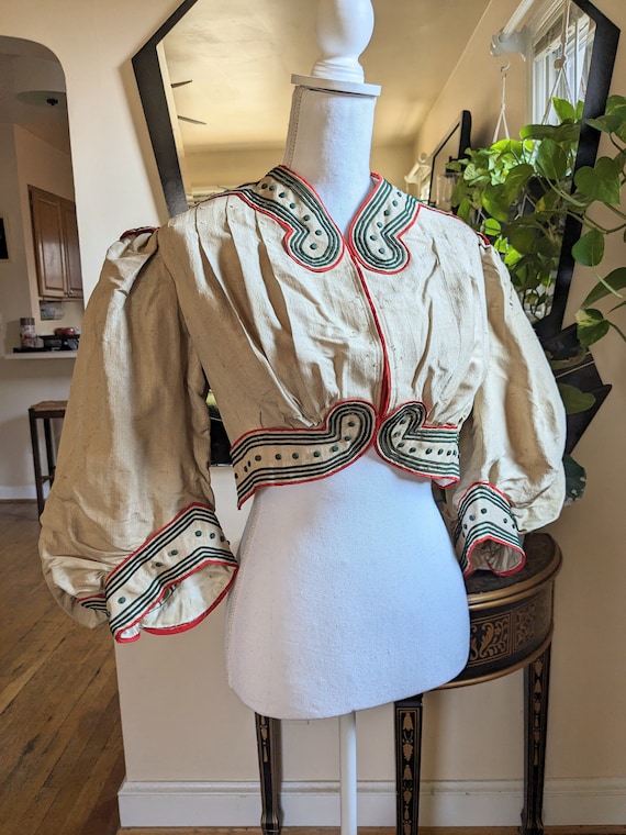 1890s Pleated Silk Bolero Jacket With Corded Trim… - image 1