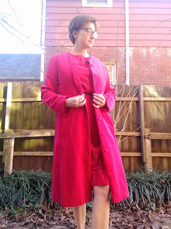 1960s Fuchsia Velvet Dress and Overcoat - image 1