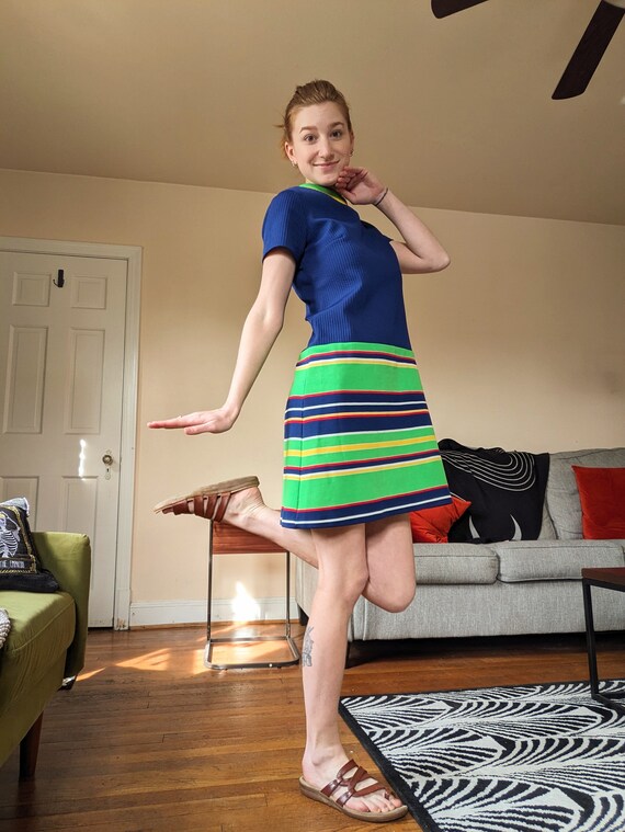 60s Knit Striped Mod Mini Dress - image 3