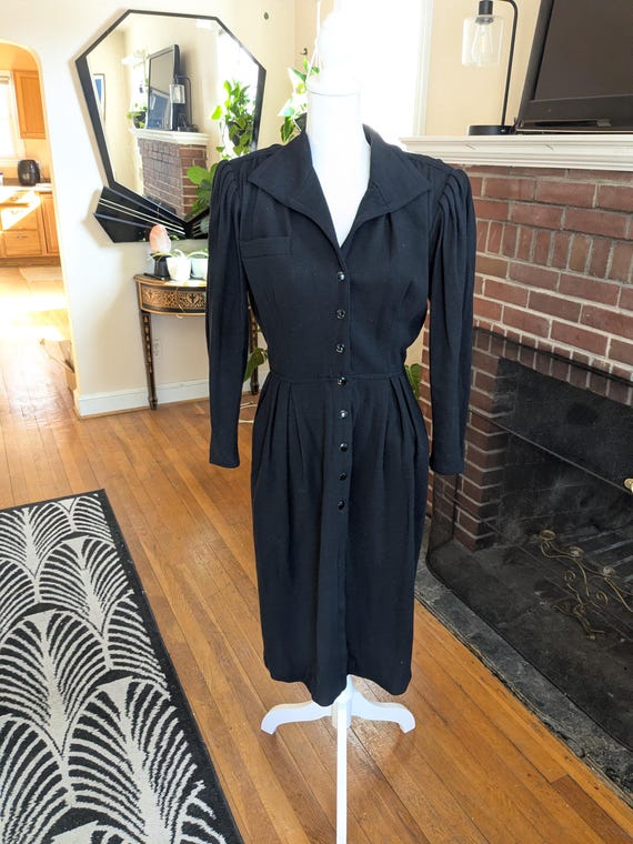 1980s Emanuel Ungaro Black Wool Shirt Dress