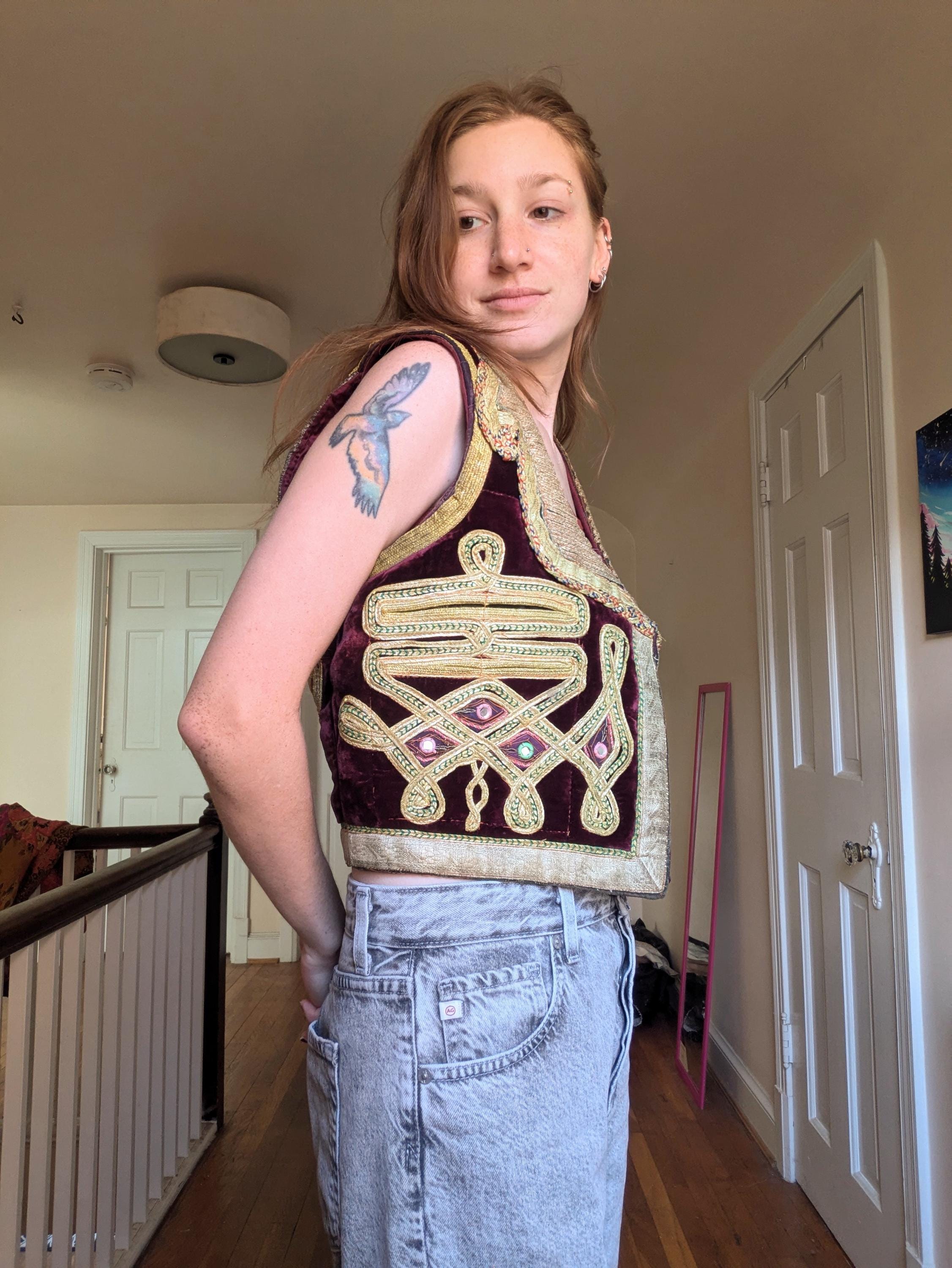60s Jimi Hendrix Maroon Velvet Vest With Gold Metal Trim and Braid