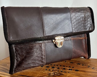 Dark brown leather clutch, dark brown leather handbag, brown leather handbag with different finishes