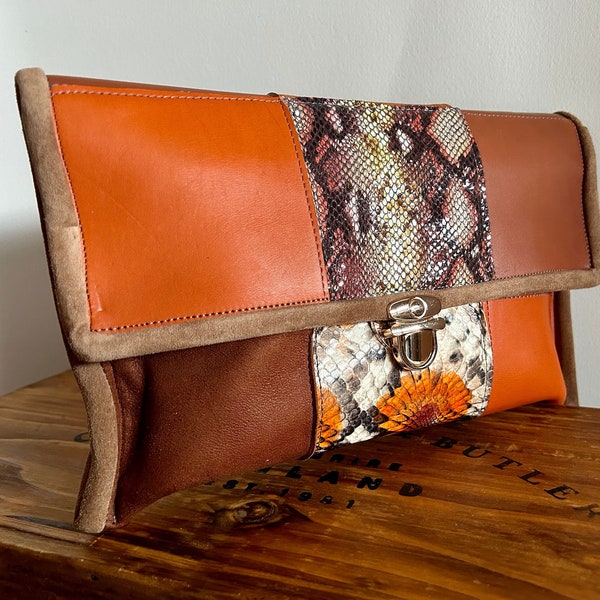 Orange and brown leather clutch, orange and brown leather women's handbag, orange handbag for summer