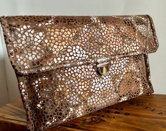 Women's brown leather clutch with flower print, leather handbag with flower print, brown leather handbag