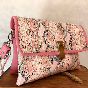 Shoulder Bag in Pink Suede and Snake Print, Pink Bag for Spring