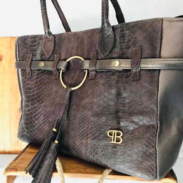leather bag, large bag, shopping bag, crocodile imitation, handbag, shoulder bag, brown bag, artisan, hand finished