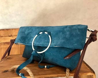 sac à bandoulière en daim bleu, petite bandoulière bleue, sac en daim bleu, sac boho bandoulière