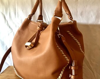 Large and elegant women's brown leather bag. Brown daily bag with beige trim, double long shoulder strap