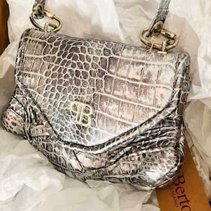Leather bag, silver, crocodile print, party bag, shoulder bag, handbag, magnetic closure