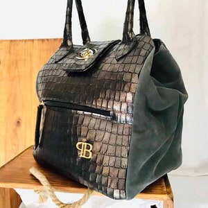 Sac en cuir, sac en daim, sac pailleté, sac à main, sac gris foncé, sac à bandoulière,