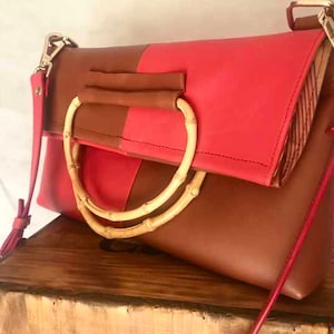Red and Brown Shoulder Clutch Bag, Red and Brown Bamboo Tote Bag, Long Strap Clutch Bag