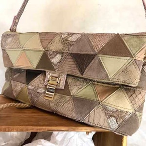 Beige shoulder bag with folded flap, Shoulder bag with latch closure, Patchwork leather bag in beige