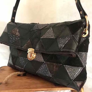 Sac à bandoulière noir, Sac à bandoulière noir, Sac en cuir mix noir, Sac patchwork noir