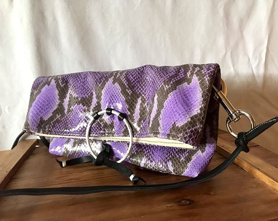 Violet Leather Shoulder Bag, Purple and Black Bag, Violet Snake 