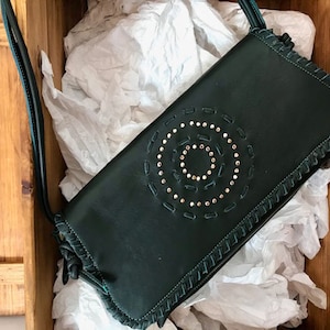 Dark green leather bag, studded flap shoulder bag, dark green baguette bag