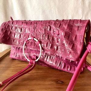 Dark pink leather bag, small crossbody bag in crocodile print leather, small women&#39;s bag in hot pink, bag for events and parties