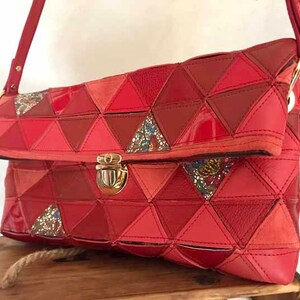 Red leather bag, red hippy style shoulder bag, red leather mix bag, red patchwork bag