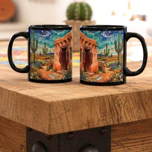 Southwest Santa Fe Adobe Home Mug | Van Gogh Arizona Black Ceramic Coffee Cup