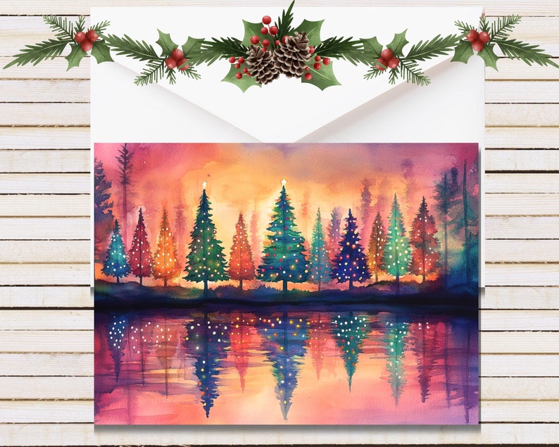 Christmas Cards, Watercolor Christmas Trees, Forest Greeting Cards