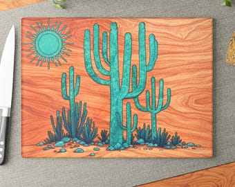 Turquoise Saguaro Cactus Tempered Glass Cutting Board, Wood Design Charcuterie Tray, Arizona Desert Kitchen Decor, Southwest Challah Board