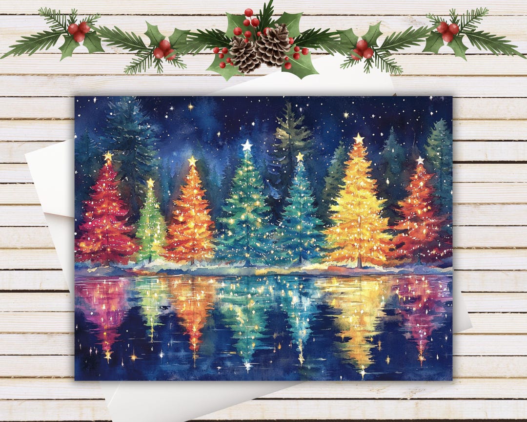 Watercolor Christmas Tree Cards: Holiday Lights Greeting Card Set - Etsy