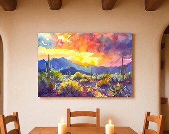 Arte en lienzo con cactus saguaro al atardecer: paisaje de acuarela del desierto de Arizona