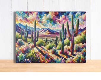 Charcuterie Saguaro Mosaic Cactus Stained Glass Design, Arizona Desert Mosaic Landscape, Tempered Glass Cutting Board, Housewarming Gift